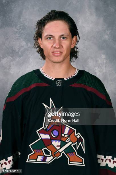 Troy Stecher of the Arizona Coyotes poses for his official headshot for the 2023-2024 season at Marriott McDowell Mountain Resort on September 13,...