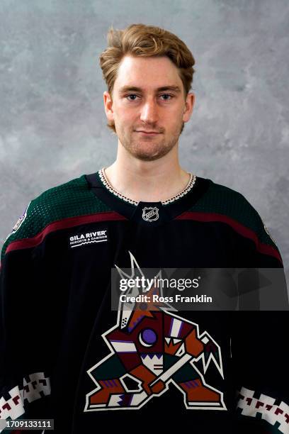 Moser of the Arizona Coyotes poses for his official headshot for the 2023-2024 season at Marriott McDowell Mountain Resort on September 13, 2023 in...