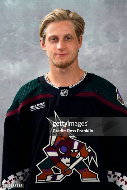 Juuso Valimaki of the Arizona Coyotes poses for his official headshot for the 2023-2024 season at Marriott McDowell Mountain Resort on September 13,...