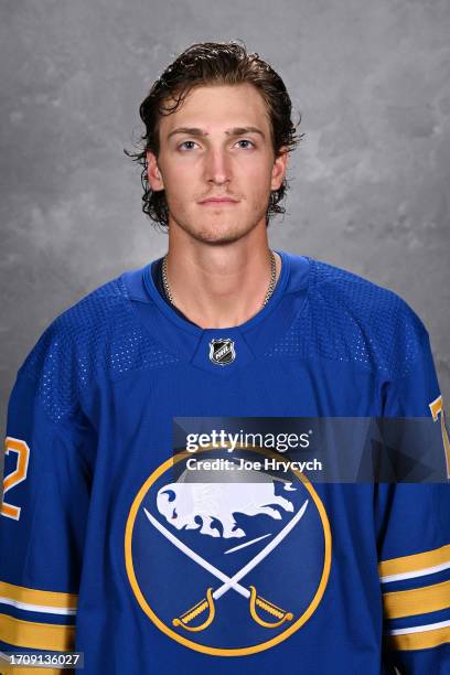 Tage Thompson of the Buffalo Sabres poses for his official headshot for the 2023-2024 season on September 20, 2023 at the KeyBank Center in Buffalo,...