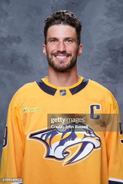 Roman Josi of the Nashville Predators poses for his official headshot for the 2023-2024 season on September 20, 2023 at Bridgestone Arena in...