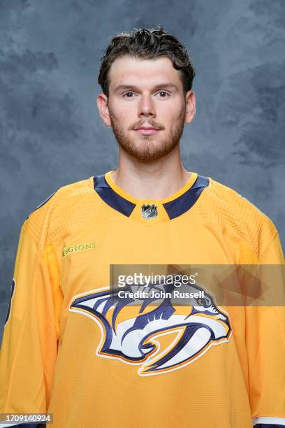 Jeremy Lauzon of the Nashville Predators poses for his official headshot for the 2023-2024 season on September 20, 2023 at Bridgestone Arena in...
