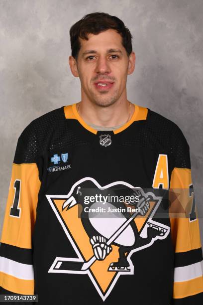 Evgeni Malkin of the Pittsburgh Penguins poses for his official headshot for the 2023-2024 season on September 20, 2023 at the UPMC Lemieux Sports...