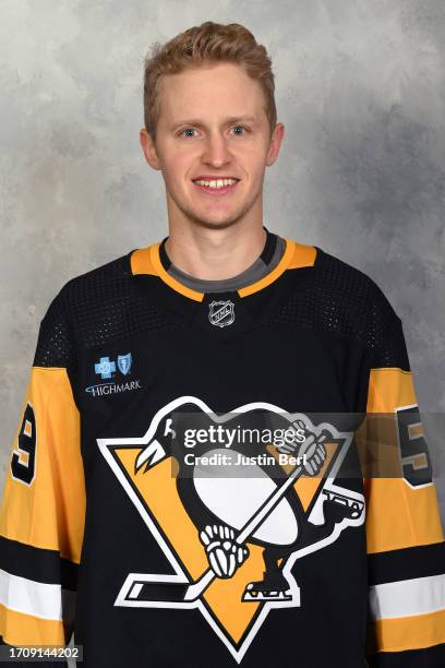 Jake Guentzel of the Pittsburgh Penguins poses for his official headshot for the 2023-2024 season on September 20, 2023 at the UPMC Lemieux Sports...