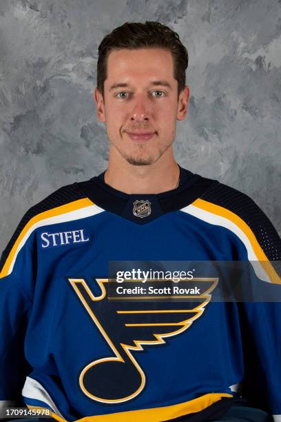 Jordan Binnington of the St. Louis Blues poses for his official headshot for the 2023-2024 season on September 20, 2023 at the Centene Community Ice...