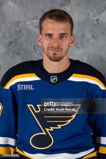 Pavel Buchnevich of the St. Louis Blues poses for his official headshot for the 2023-2024 season on September 20, 2023 at the Centene Community Ice...