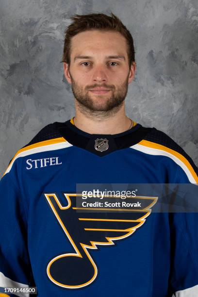 Nathan Walker of the St. Louis Blues poses for his official headshot for the 2023-2024 season on September 20, 2023 at the Centene Community Ice...