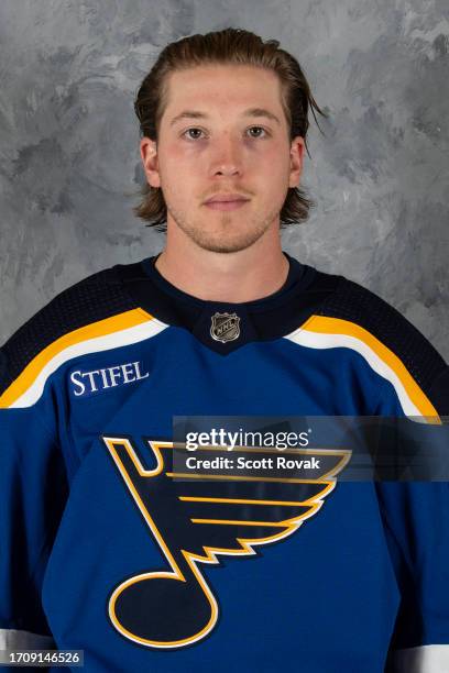 Jake Neighbours of the St. Louis Blues poses for his official headshot for the 2023-2024 season on September 20, 2023 at the Centene Community Ice...