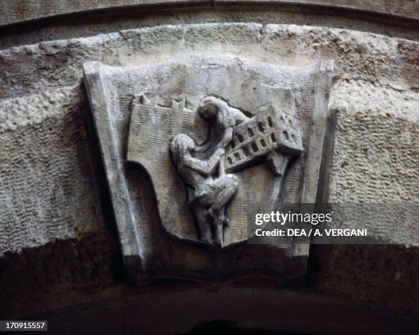 Romeo and Juliet on the balcony, relief from the keystone of an arch, Verona , Veneto, Italy.