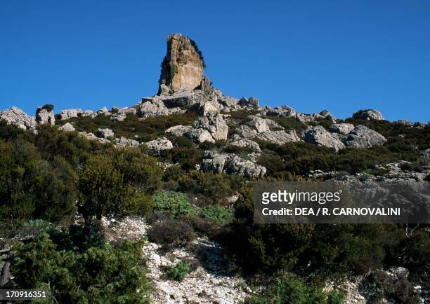 The calcareous formations of Monte Perda Liana, near Gairo, Gulf of Orosei and Gennargentu National Park, Sardinia, Italy.