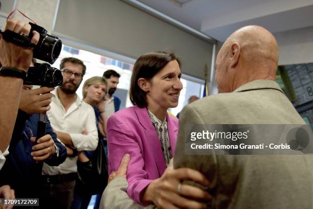 Elly Schlein, secretary of the Democratic Party, affectionately greets the Regeni family,at the headquarters of the Order of Press Journalists of the...