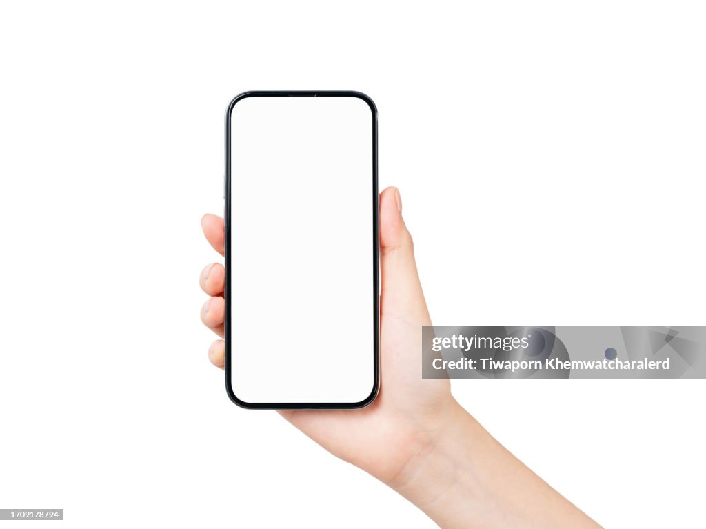 Clipping path, woman hand holding the black smartphone with blank screen on white background.