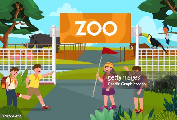 group of scouts, boys and girls fun and relaxing field trip to zoo. - girls trip stock illustrations