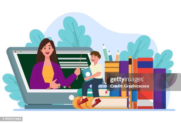 online class. student use e-learning study from home via teleconference or live streaming - teacher and student stock illustrations