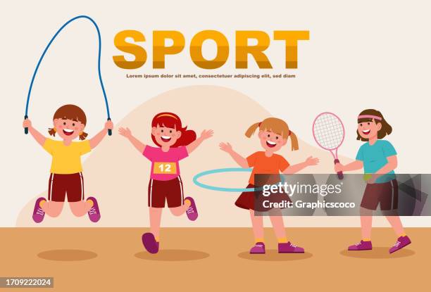 school sports competition school children participate in different types of competitions - skipping rope stock illustrations