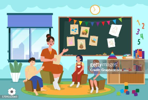 back to school education content illustration. group of students painting art class. - preschool stock illustrations