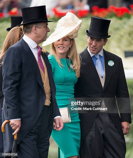 Prince Andrew, Duke of York with Peter Phillips and Autumn Phillips attend Ladies Day on Day 3 of Royal Ascot at Ascot Racecourse on June 20, 2013 in...