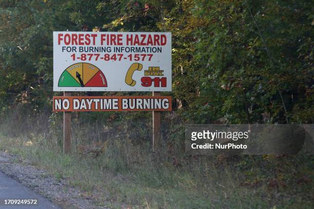 Sign indicating the current level of threat for a forest fire in Muskoka, Ontario, Canada, on September 29, 2023.