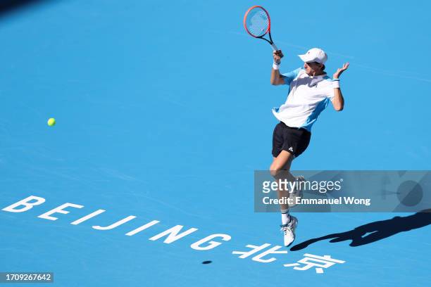 Matteo Arnaldi of Italy returns a shot during the Men's Singles Round of 16 match against Nicolas Jarry of Chile on day 5 of the 2023 China Open at...