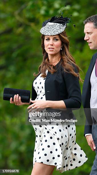 Catherine, Duchess of Cambridge attends the wedding of William van Cutsem and Rosie Ruck Keene at the church of St Mary the Virgin in Ewelme on May...