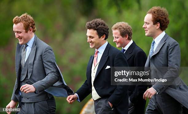 Harry Aubrey-Fletcher, Thomas van Straubenzee, Guy Pelly and Tom Inskip attend the wedding of William van Cutsem and Rosie Ruck Keene at the church...