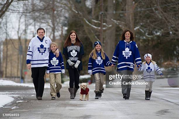 Michael Schade, Niki Schade, Sophie Schade, dog Bella, Lisbet Schade, Dee McKee and Stella Schade-McKee wearing Toronto Maple Leafs jersey because...