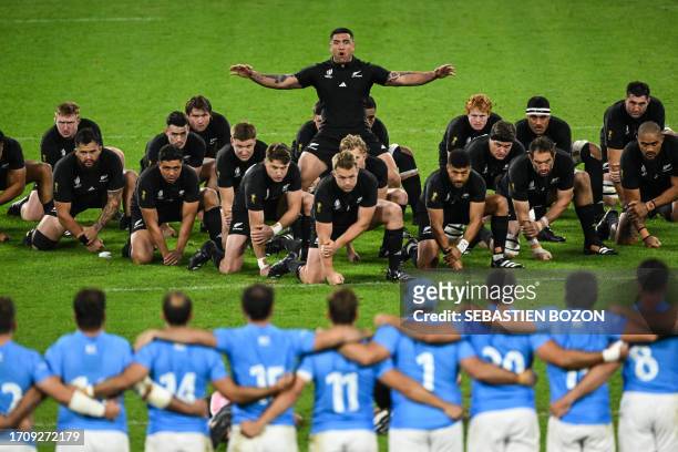The All Blacks led by hooker Codie Taylor perform the Haka prior to the France 2023 Rugby World Cup Pool A match between New Zealand and Uruguay at...