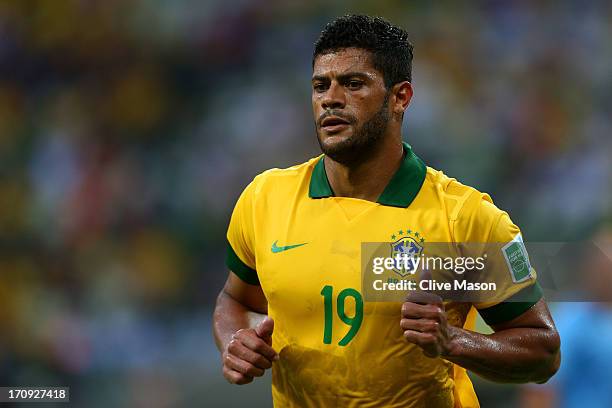 Hulk of Brazil in action during the FIFA Confederations Cup Brazil 2013 Group A match between Brazil and Mexico at Castelao on June 19, 2013 in...