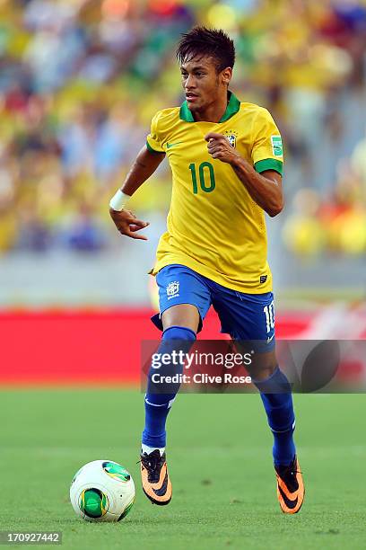 Neymar of Brazil in action during the FIFA Confederations Cup Brazil 2013 Group A match between Brazil and Mexico at Castelao on June 19, 2013 in...