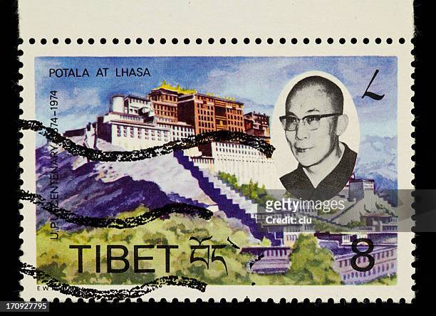 vintage stamp tibet - dalai lama portrait stock pictures, royalty-free photos & images