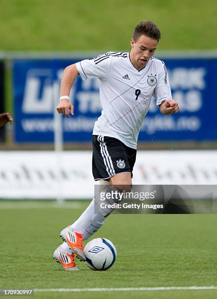 Thomas Pledl of Germany during the Under 19 elite round match between U19 Netherlands and U19 Germany at Notodden Stadium on June 5, 2013 in...