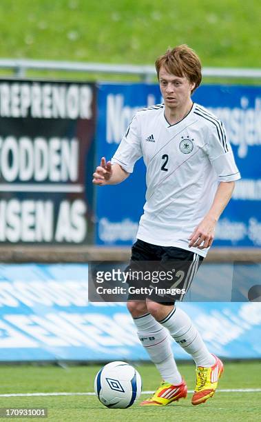 Marcel Deelen of Germany during the Under 19 elite round match between U19 Netherlands and U19 Germany at Notodden Stadium on June 5, 2013 in...
