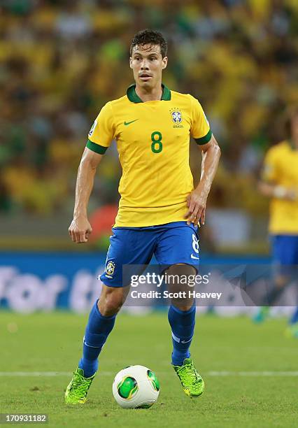 Hernanes of Brazil in action during the FIFA Confederations Cup Brazil 2013 Group A match between Brazil and Mexico at Castelao on June 19, 2013 in...