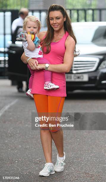 Michelle Heaton, with her daughter Faith Hanley, sighted departing ITV Studios on June 20, 2013 in London, England.