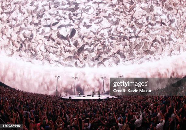 Bono, The Edge, Adam Clayton and Bram van den Berg of U2 perform during opening night of U2:UV Achtung Baby Live at Sphere on September 29, 2023 in...