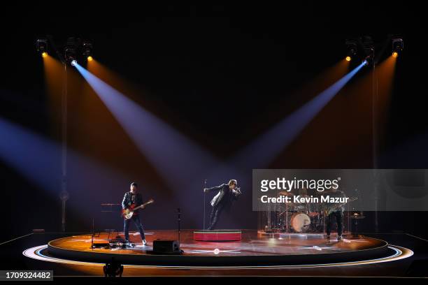 Bono, The Edge, Adam Clayton and Bram van den Berg of U2 perform during opening night of U2:UV Achtung Baby Live at Sphere on September 29, 2023 in...