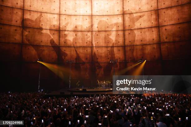 Bono, The Edge, Adam Clayton and Bram van den Berg of U2 perform during opening night of U2:UV Achtung Baby Live at Sphere on September 29, 2023 in...