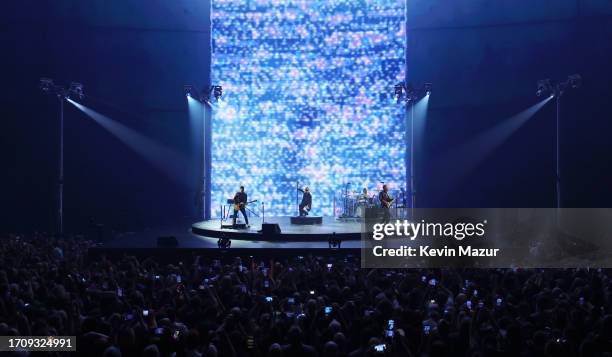 Bono, The Edge, Adam Clayton and Bram van den Berg of U2 perform during opening night of U2:UV Achtung Baby Live at Sphere on September 29, 2023 in...