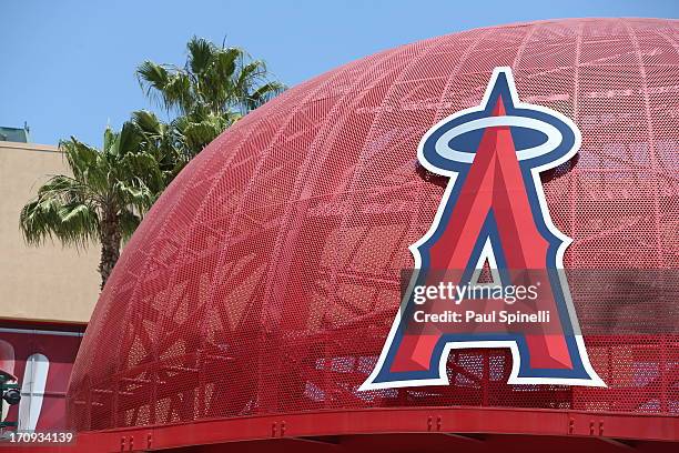 Metal baseball cap sports the team logo before the Los Angeles Angels of Anaheim game against the Chicago Cubs on Wednesday, June 5, 2013 at Angel...
