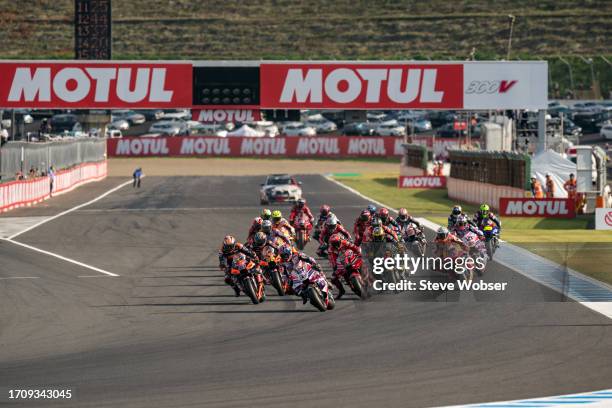 Jorge Martin of Spain and Prima Pramac Racing leads the field after the Race start during the Sprint of the MotoGP Motul Grand Prix of Japan at Twin...