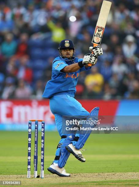 Suresh Raina of India pulls the ball towards the boundary during the ICC Champions Trophy Semi Final match between India and Sri Lanka at SWALEC...