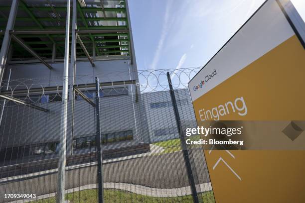 Security fencing around the Google Cloud data center ahead of its ceremonial opening in Hanau, Germany, on Friday, Oct. 6, 2023. Microsoft Corp.,...