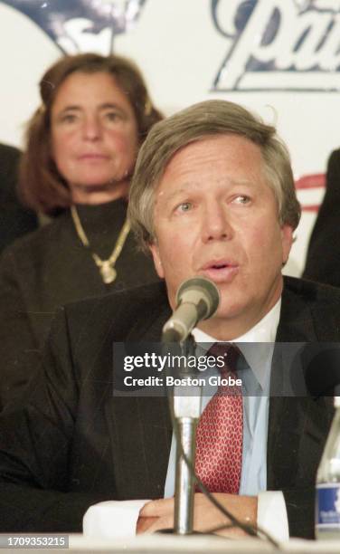 Boston, MA New England Patriots owner Robert Kraft, with wife, Myra, at a press conference announcing his new ownership of the team, held at the Ritz...