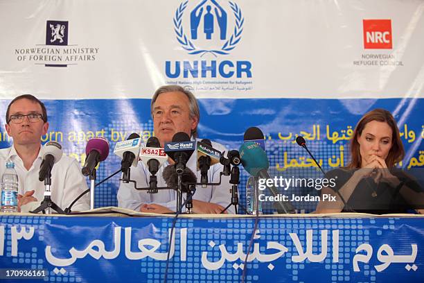 High Commissioner for Refugees, Antonio Guterres speaks during a press conference with U.S. Actress and UNHCR Special Envoy Angelina Jolie and...