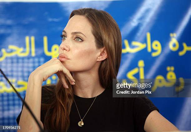 Actress and UNHCR Special Envoy Angelina Jolie holds a press conference with the UN High Commissioner for Refugees, Antonio Guterres and Norwegian...