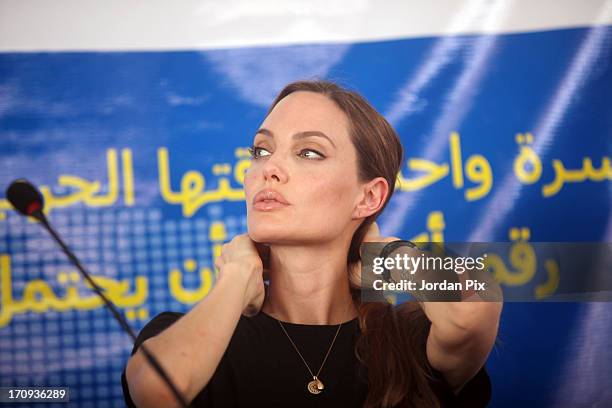 Actress and UNHCR Special Envoy Angelina Jolie holds a press conference with the UN High Commissioner for Refugees, Antonio Guterres and Norwegian...