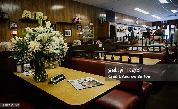 The booth at which the final scene of the final episode of the HBO show, "The Sopranos," was filmed, is seen at Holsten's restaurant on June 20, 2013...