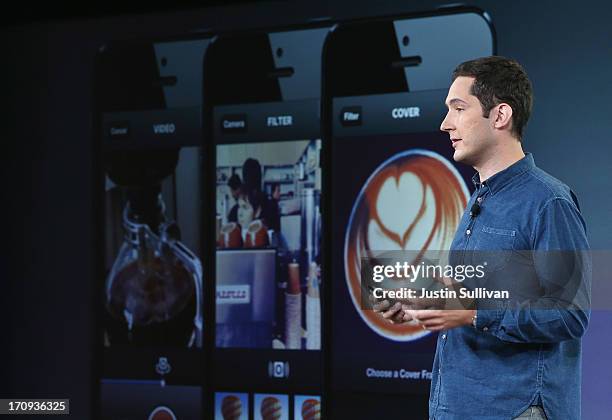 Instagram CEO Kevin Systrom speaks during a press event at Facebook headquarters on June 20, 2013 in Menlo Park, California. Systrom announced that...