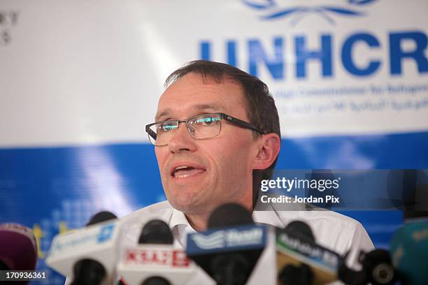 Norwegian Foreign Minister, Espen Barth Eide speaks during a press conference with U.S. Actress and UNHCR Special Envoy Angelina Jolie and UN High...