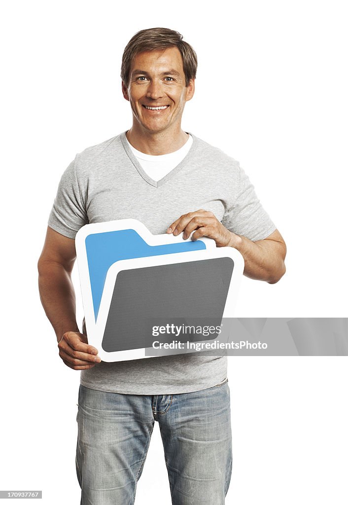 Smiling man holding folder sign isolated on white background.